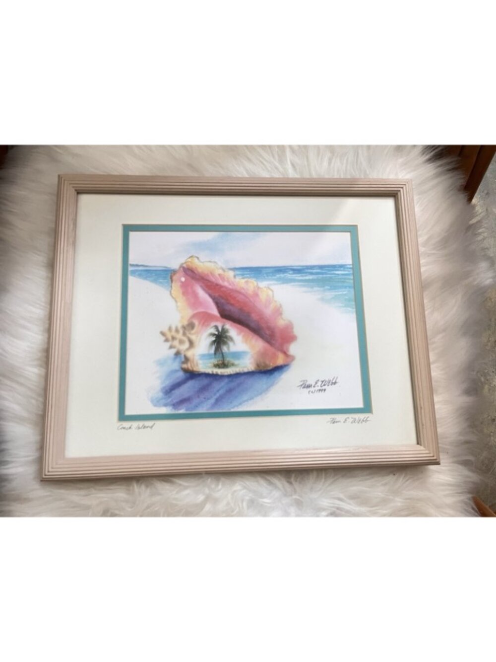VTG Pam E Webb Matted Signed Print Framed Conch Shell Island Tropical Beach 90s